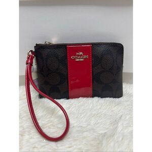 New! Coach Wristlet Wallet Brown True Red in Signature Canvas F54460
